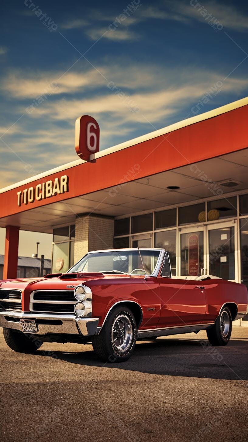 Chevrolet conversível vermelho em posto de gasolina vintage