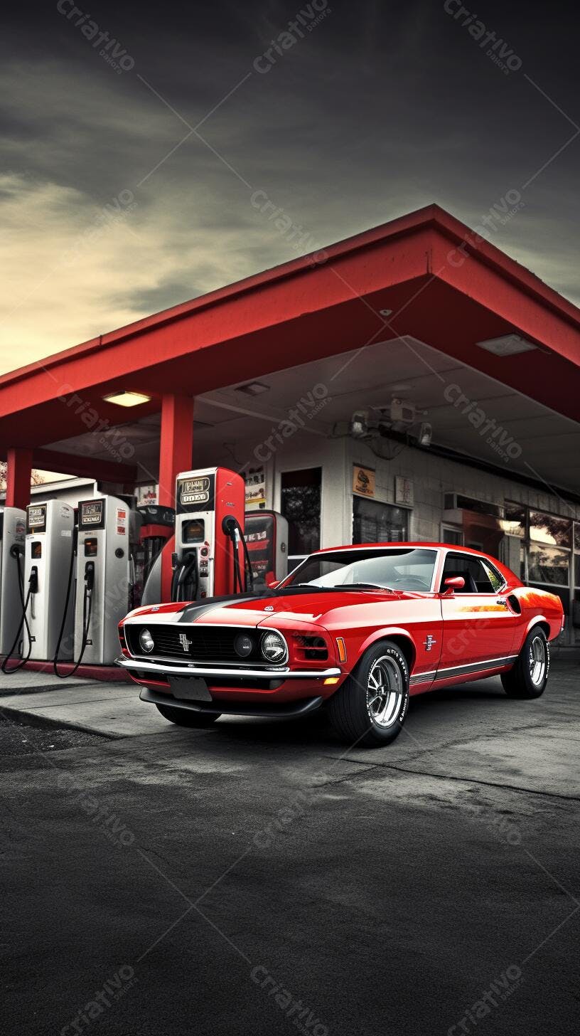Mustang Vermelho em Posto de Gasolina Vintage