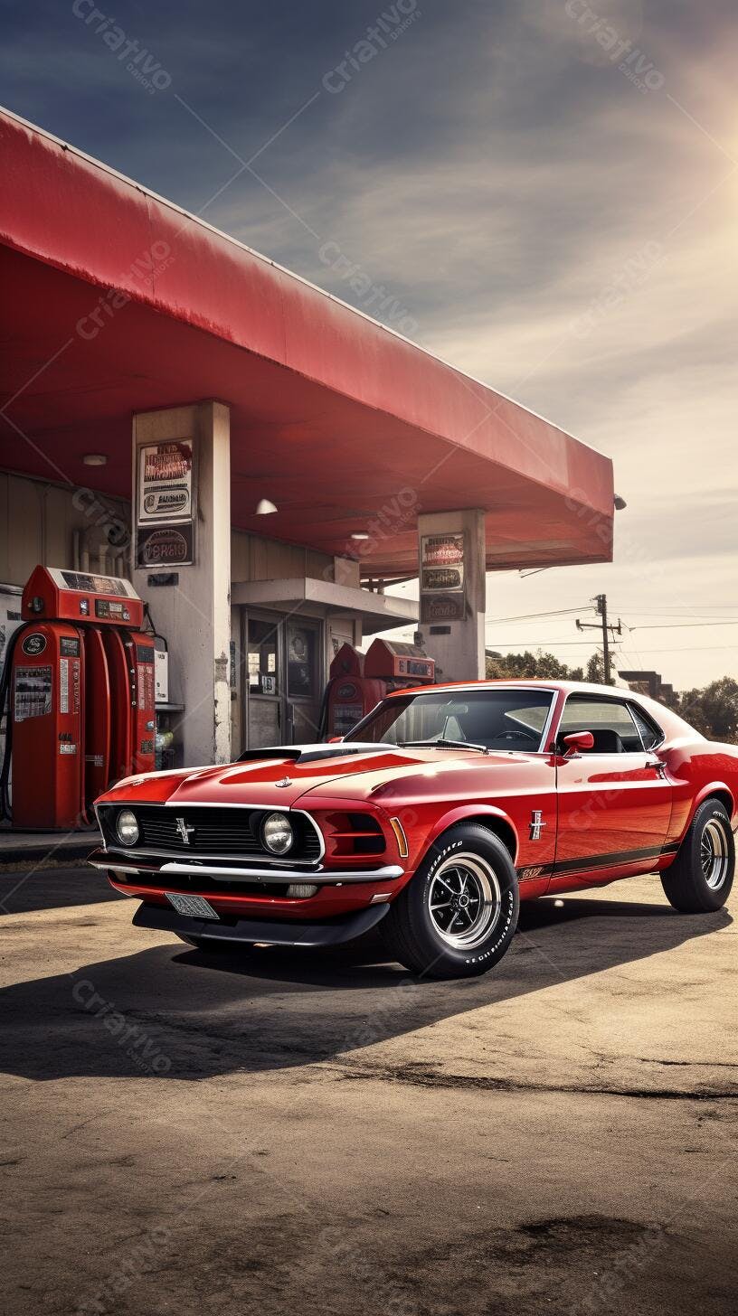 Ford Mustang vermelho em posto de gasolina vintage
