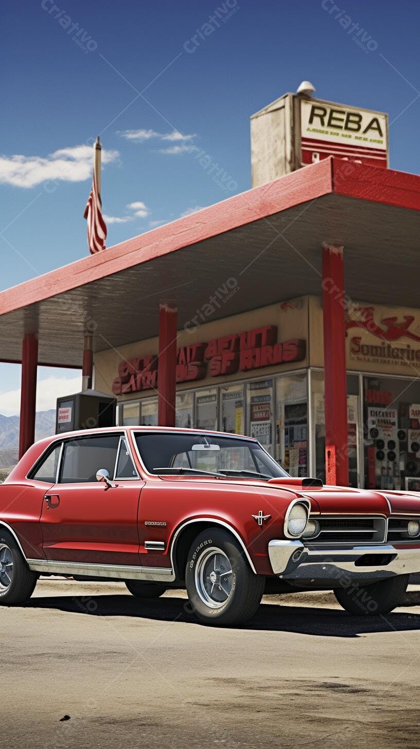 Muscle Car Vermelho em Posto de Gasolina Vintage