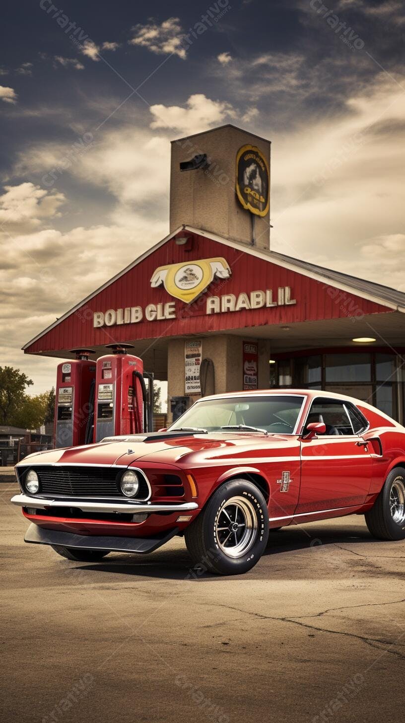 Ford Mustang Boss 429 vermelho em posto antigo