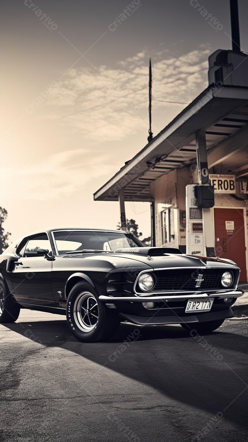 Ford Mustang 1969 preto em posto de gasolina