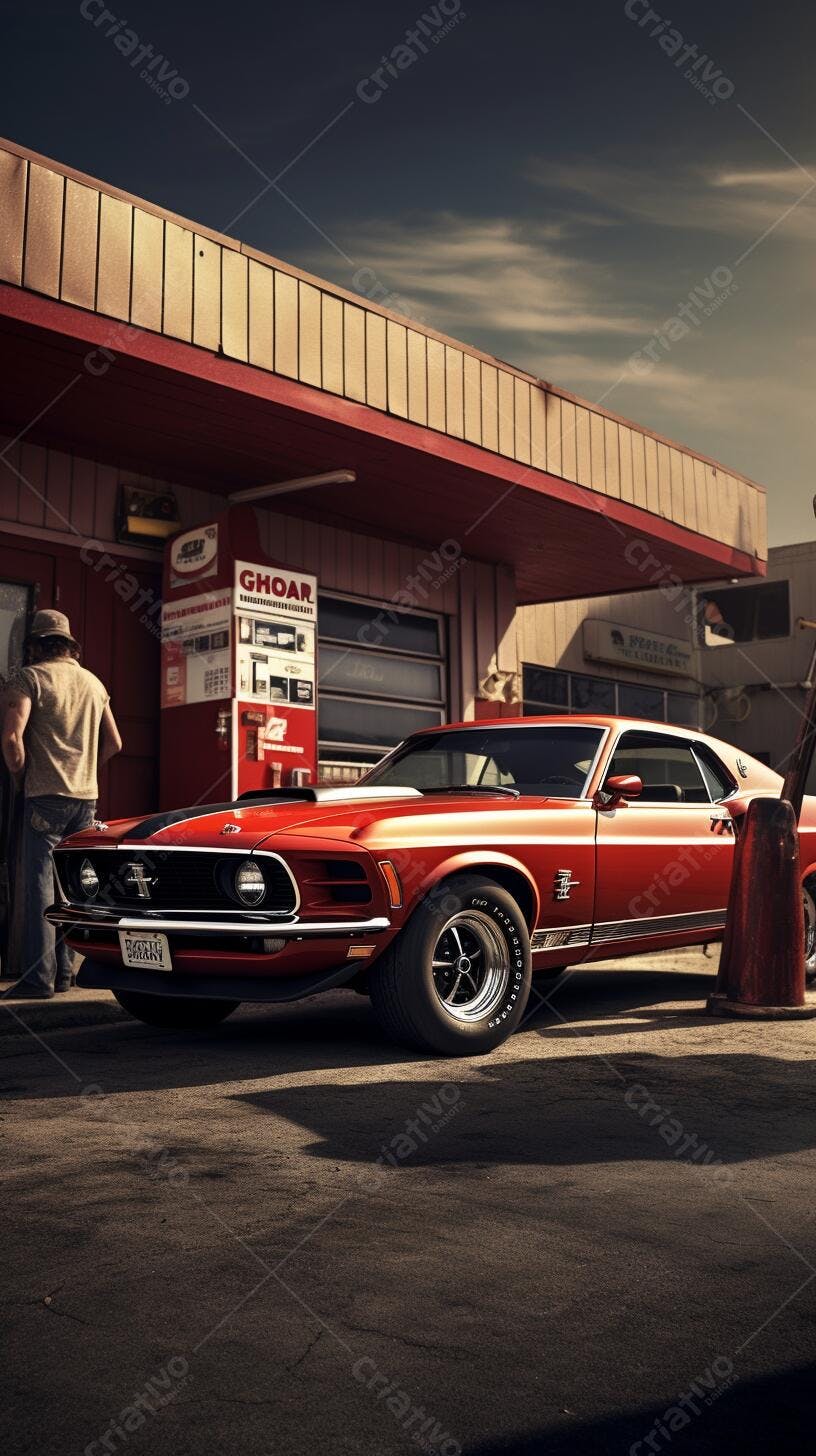 Mustang 1970 vermelho em posto de gasolina