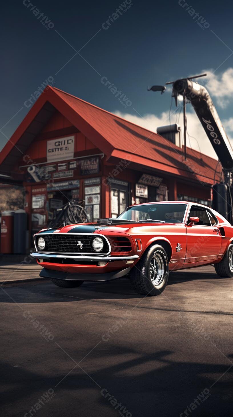Ford Mustang 1969 vermelho em posto de gasolina