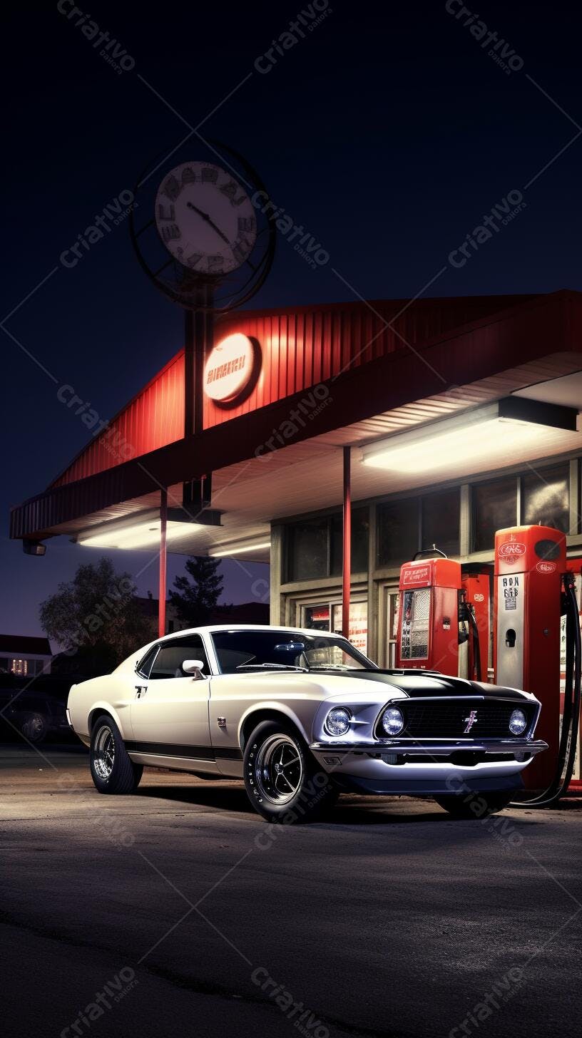Ford Mustang clássico em posto de gasolina noturno