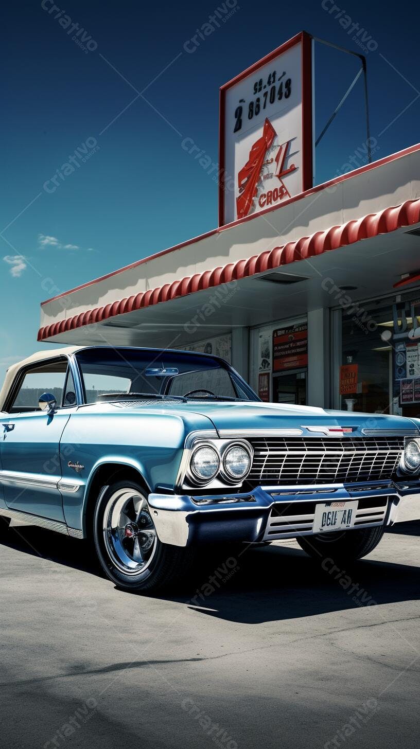 Chevrolet Impala azul em frente a diner retrô