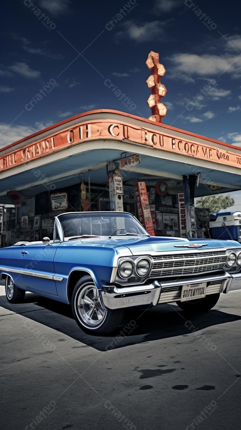 Chevrolet Impala azul em posto vintage