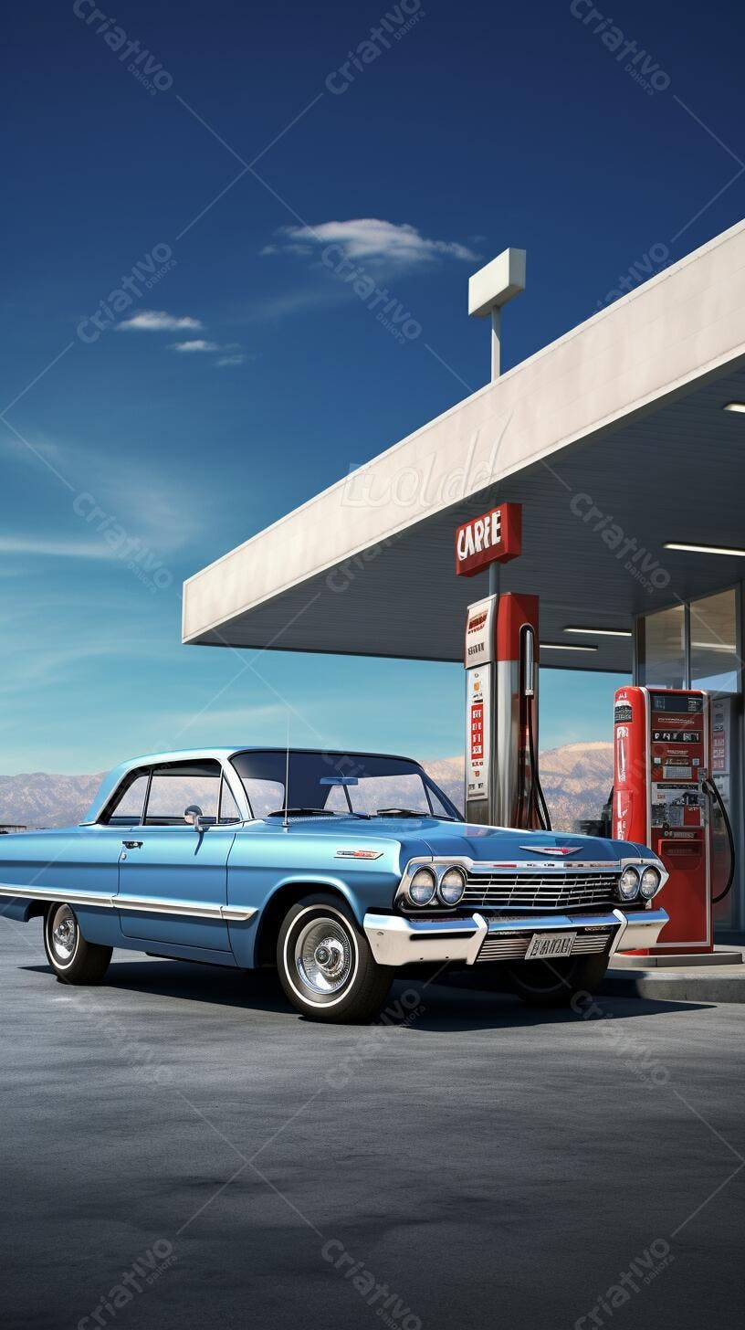 Chevrolet Impala azul em posto de gasolina vintage