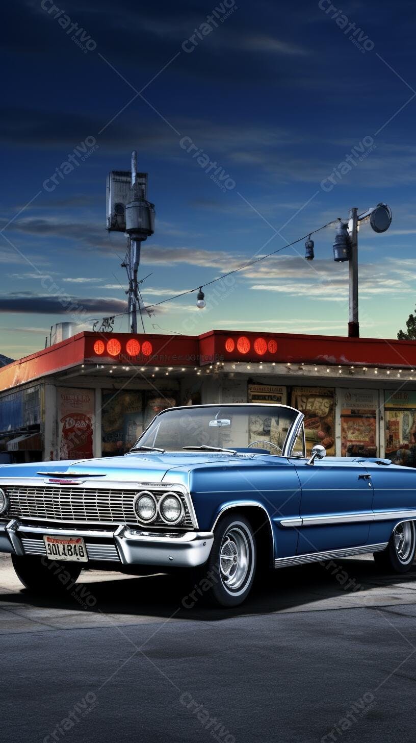 Chevrolet Impala azul em frente a lanchonete ao entardecer