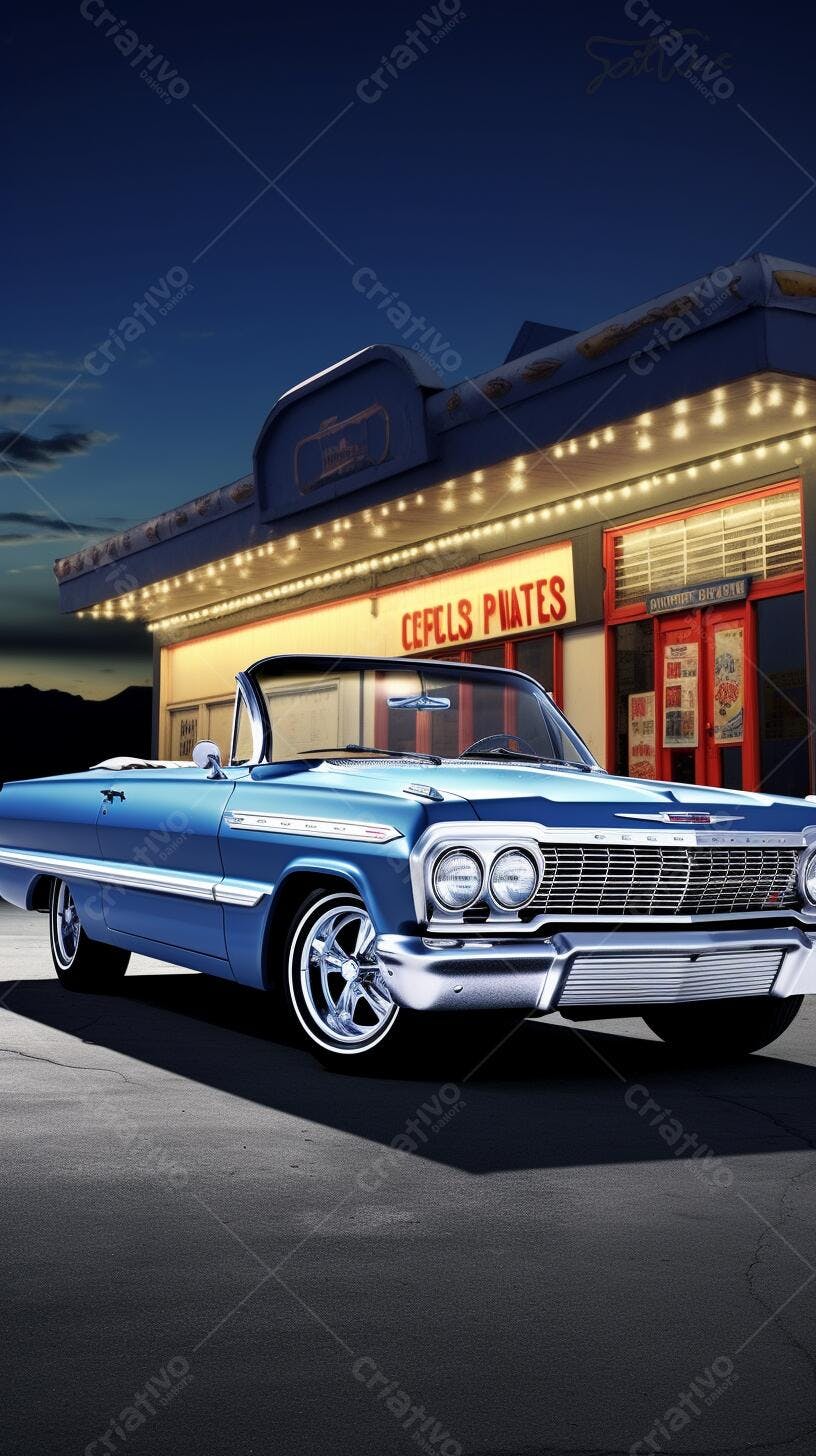Chevrolet Impala azul em frente a lanchonete noturna