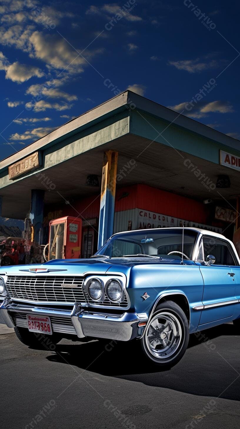 Chevrolet Impala azul em posto de gasolina vintage