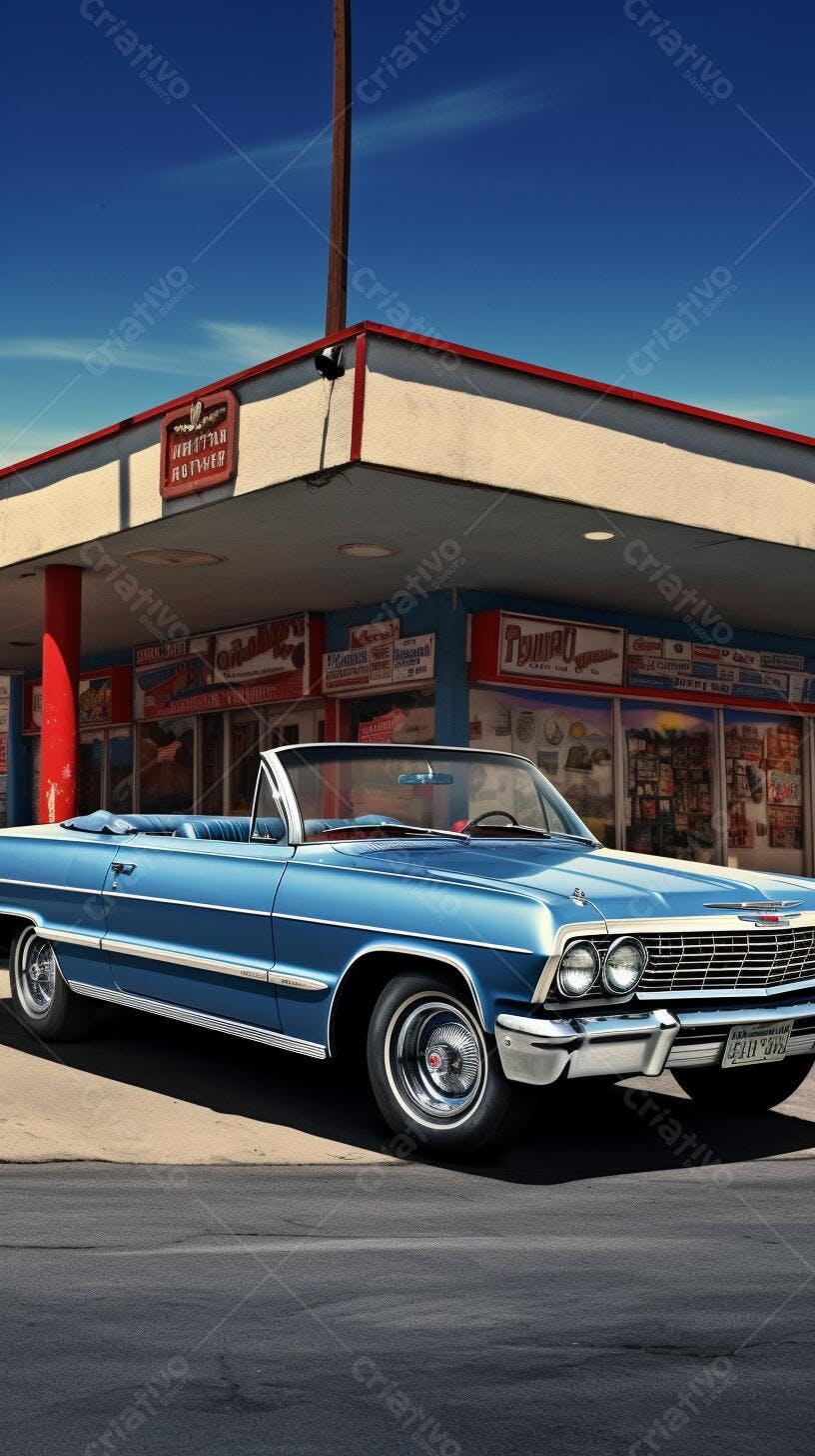 Chevrolet Impala azul em posto de gasolina vintage