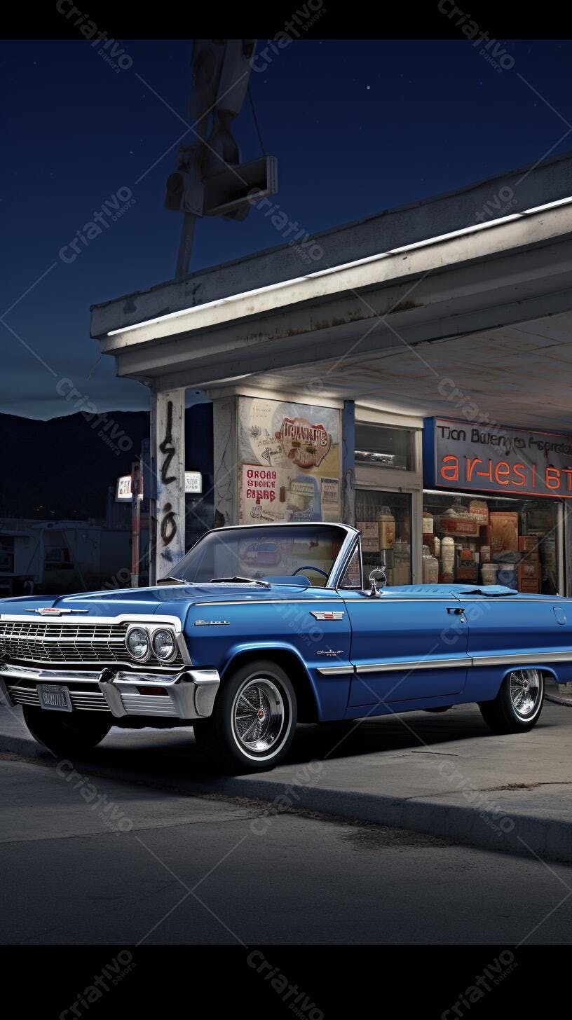 Chevrolet Impala azul noite em frente a loja
