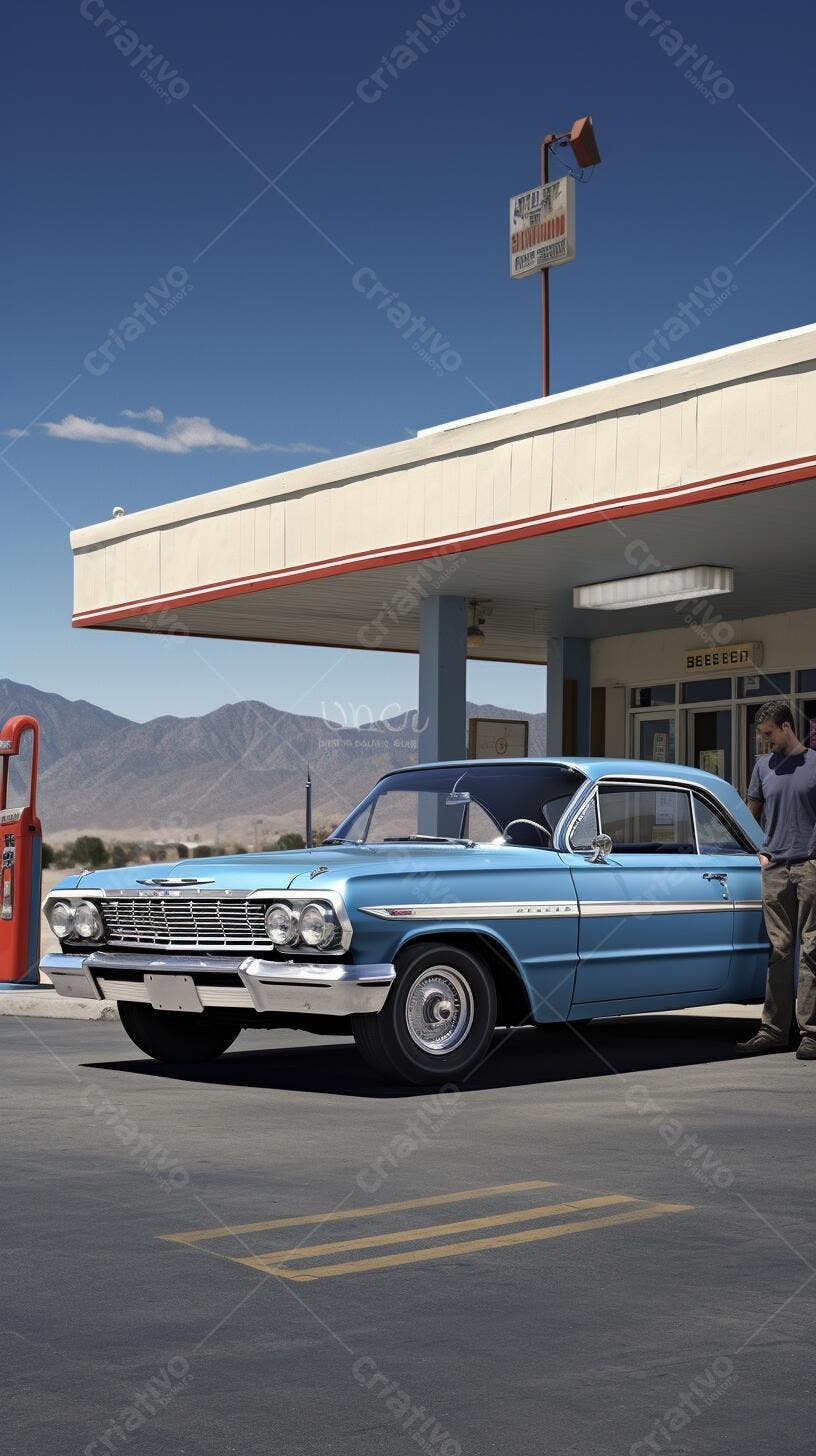 Chevrolet clássico azul em posto de gasolina vintage