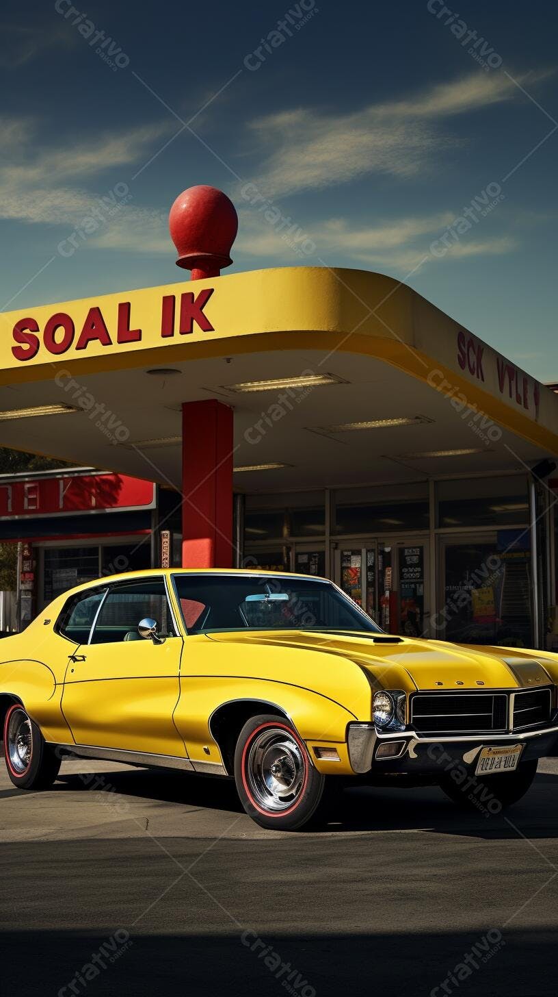 Muscle Car Amarelo em Posto de Gasolina Vintage