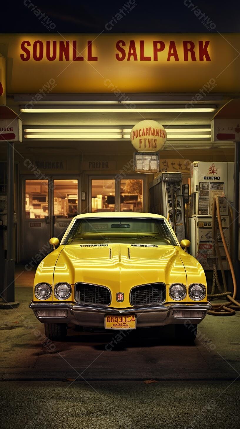Muscle Car Amarelo em Posto de Gasolina Noturno