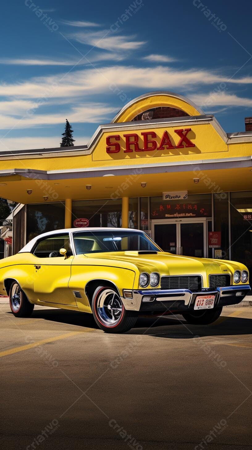 Muscle Car Amarelo na Frente de Lanchonete