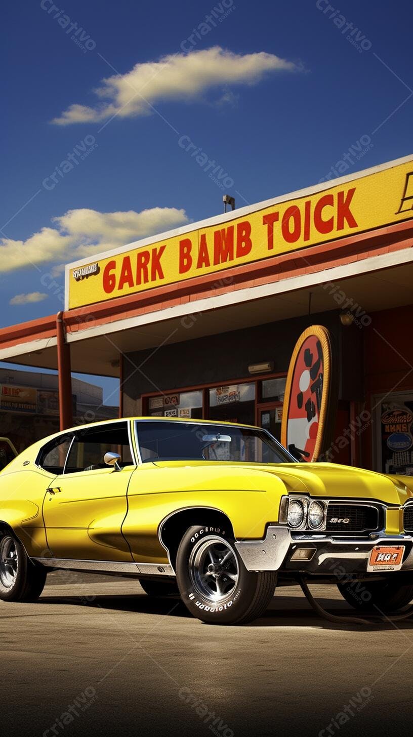 Muscle Car Amarelo em frente a Oficina