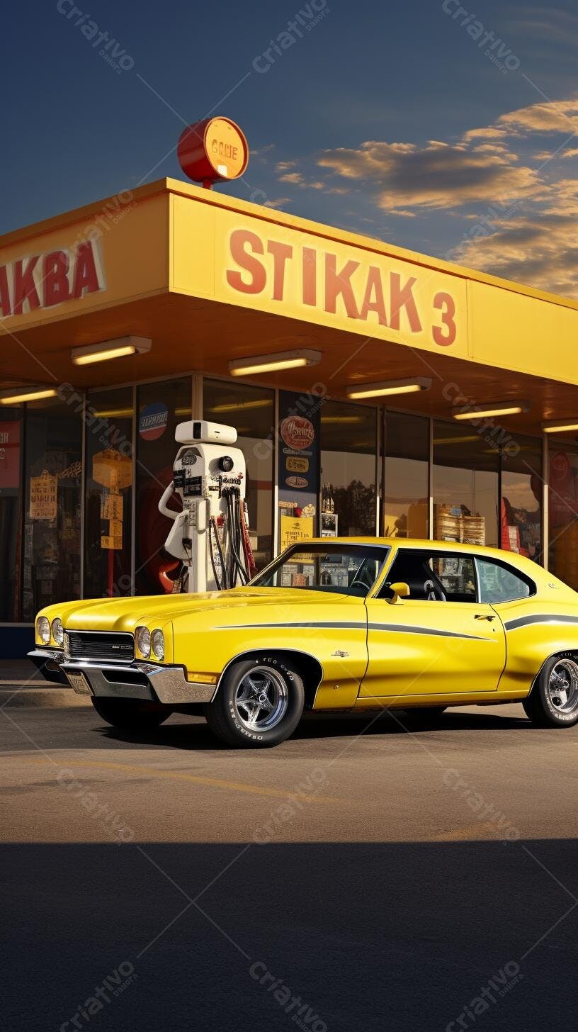 Muscle Car Amarelo em Posto de Gasolina Vintage