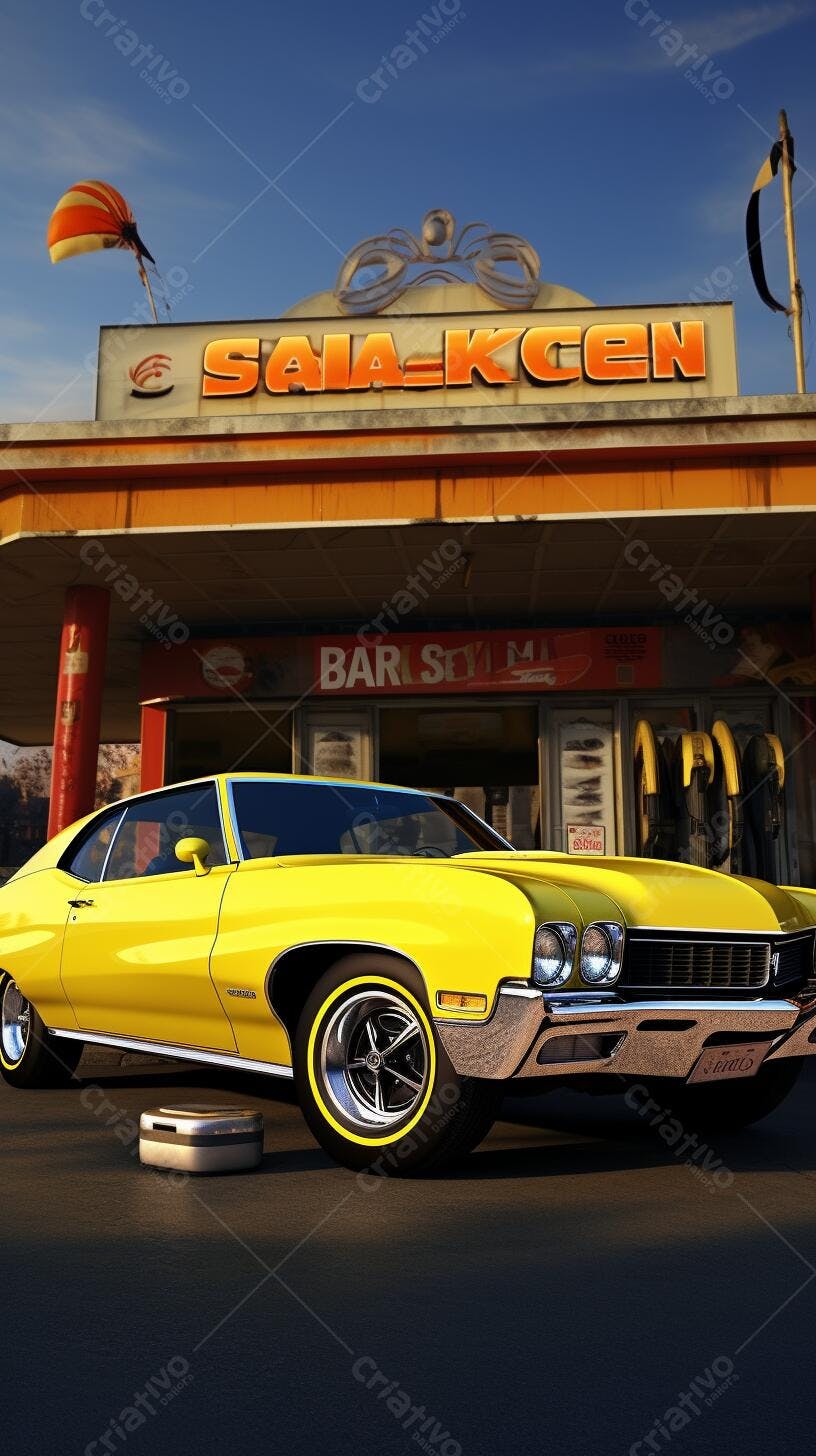 Muscle Car Amarelo em Posto de Gasolina Vintage