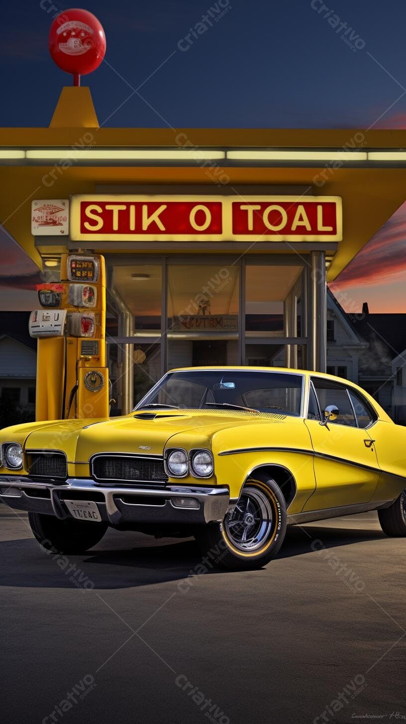 Muscle Car Amarelo em Posto de Gasolina Vintage