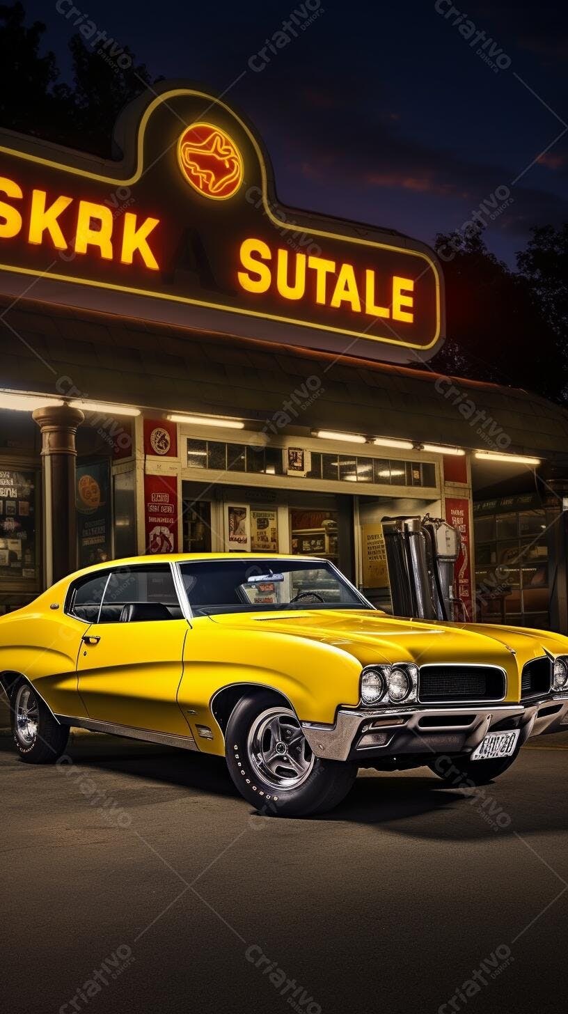 Muscle Car Amarelo em Posto de Gasolina Noturno