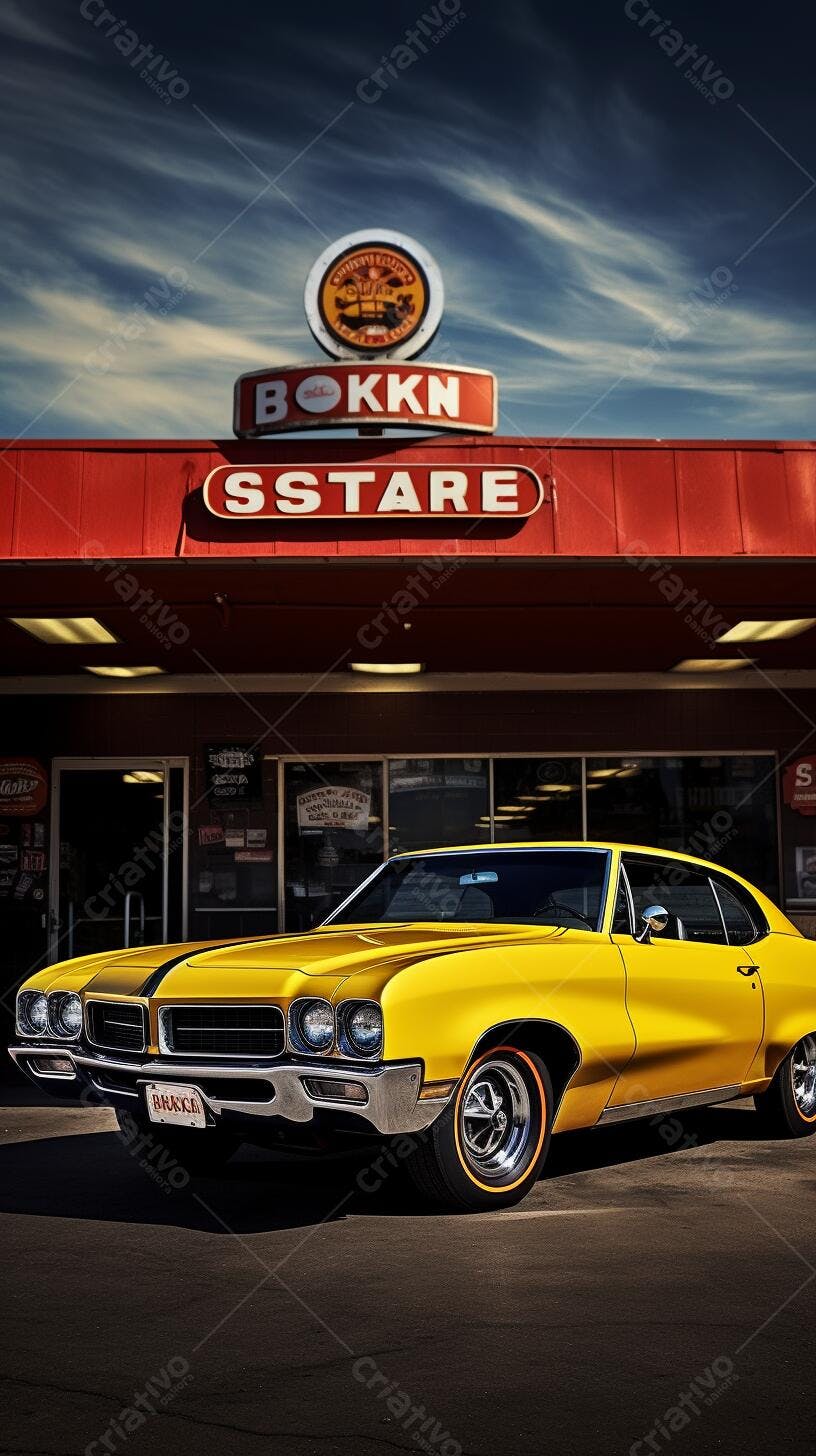 Muscle Car Amarelo em frente a Loja