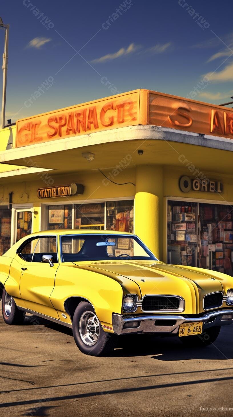 Muscle Car Amarelo em frente a loja anos 70