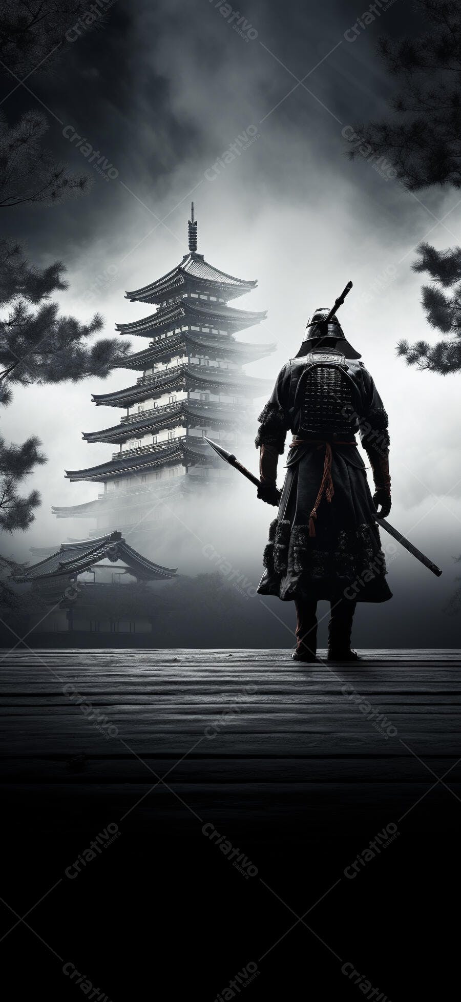 Samurai em frente a Pagode Japonês