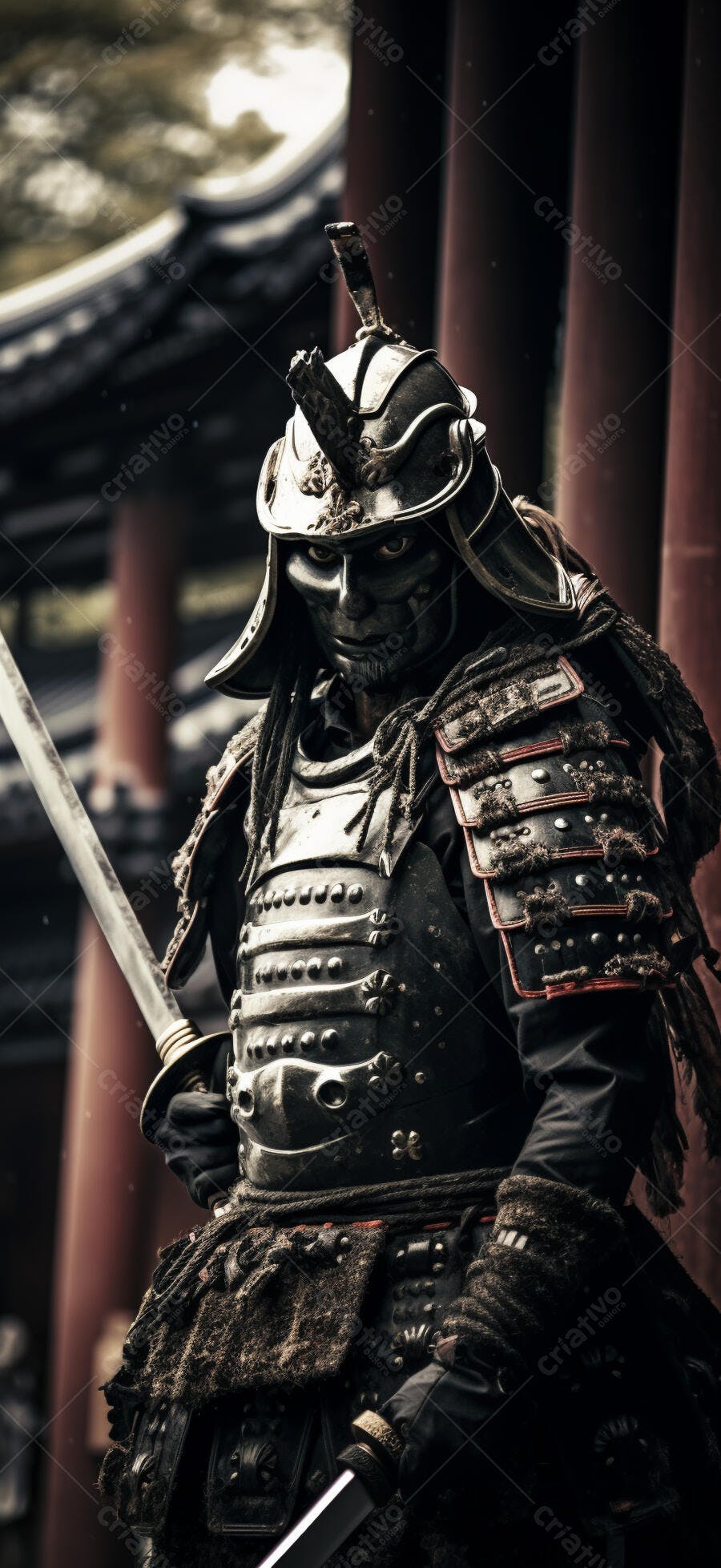 Samurai com armadura escura e katana