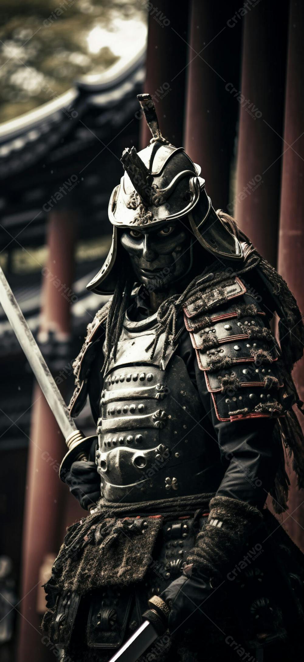 Samurai em postura imponente