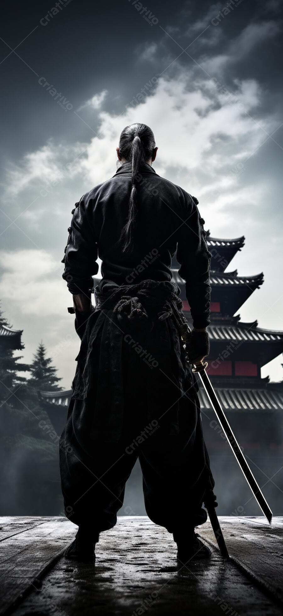 Samurai com Katana Templo Japonês