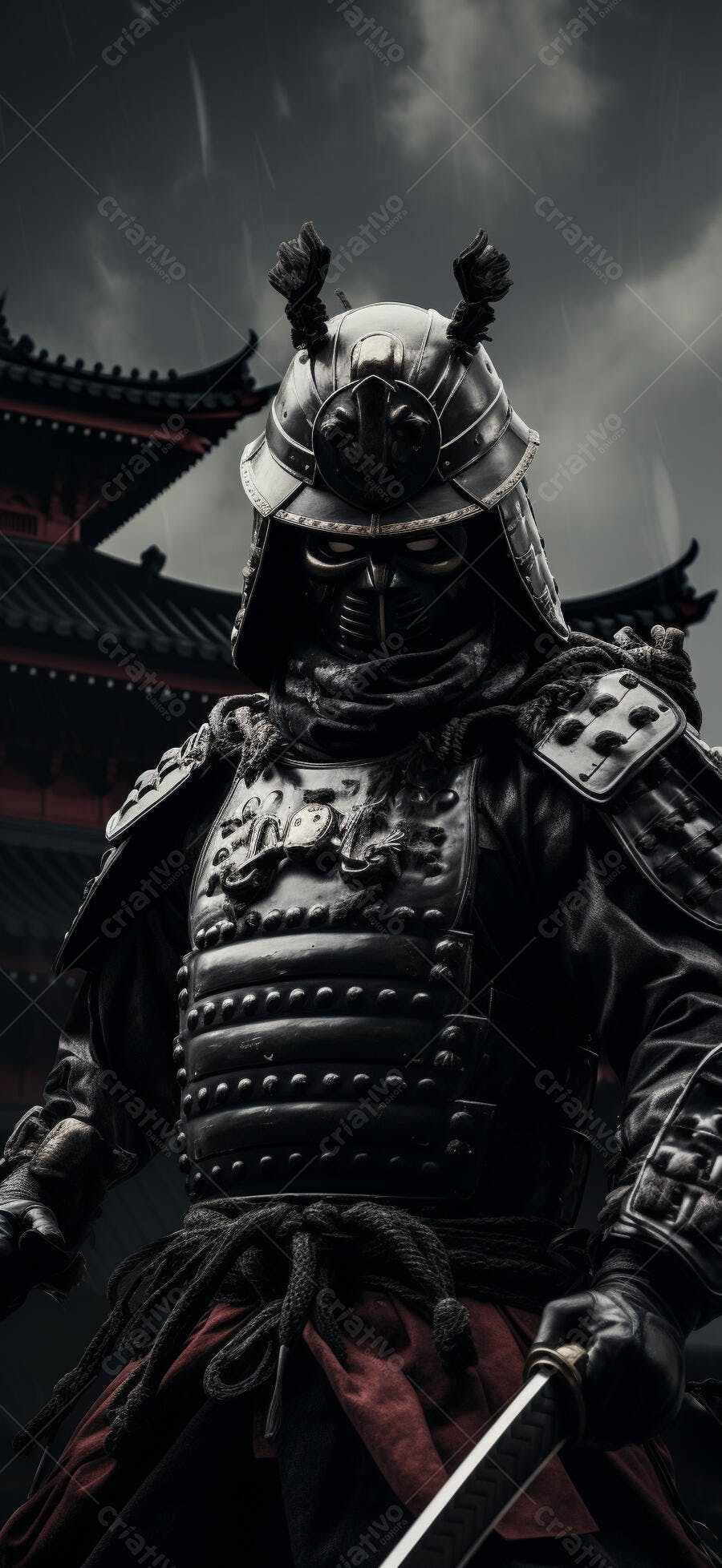 Samurai em armadura negra sob chuva