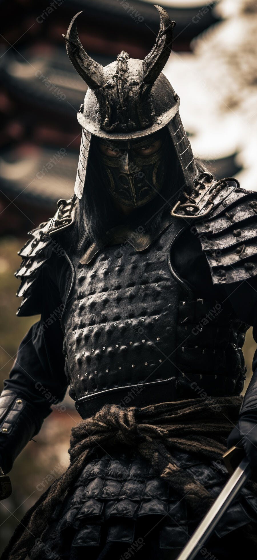 Samurai em armadura negra e capacete com chifres