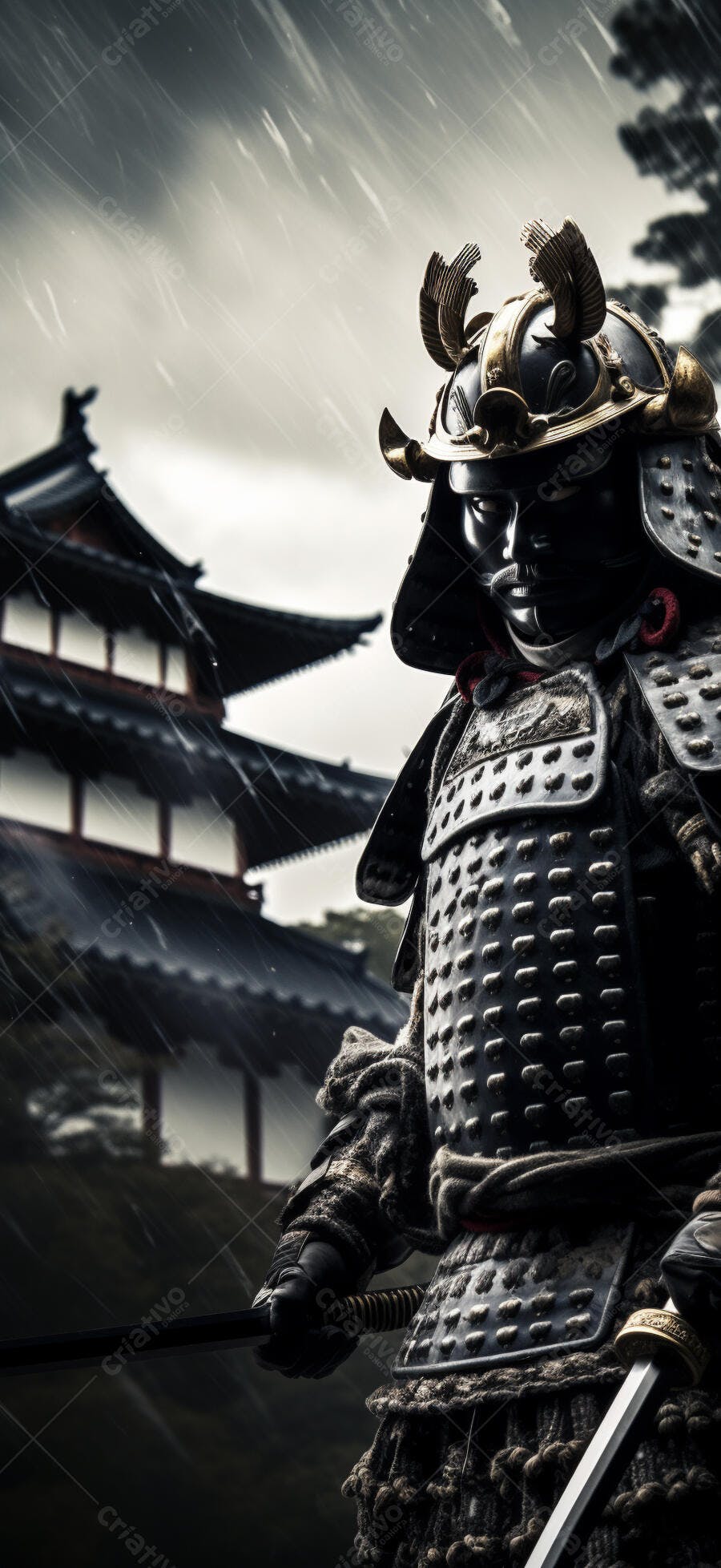 Samurai sob chuva em templo japonês