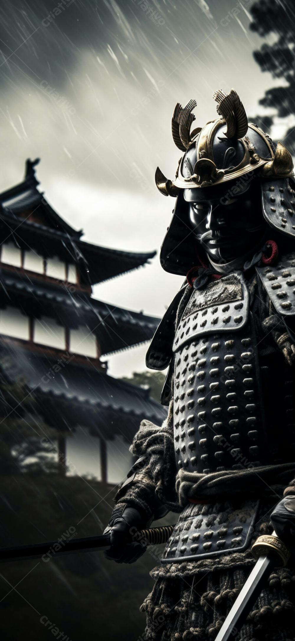 Samurai em postura imponente