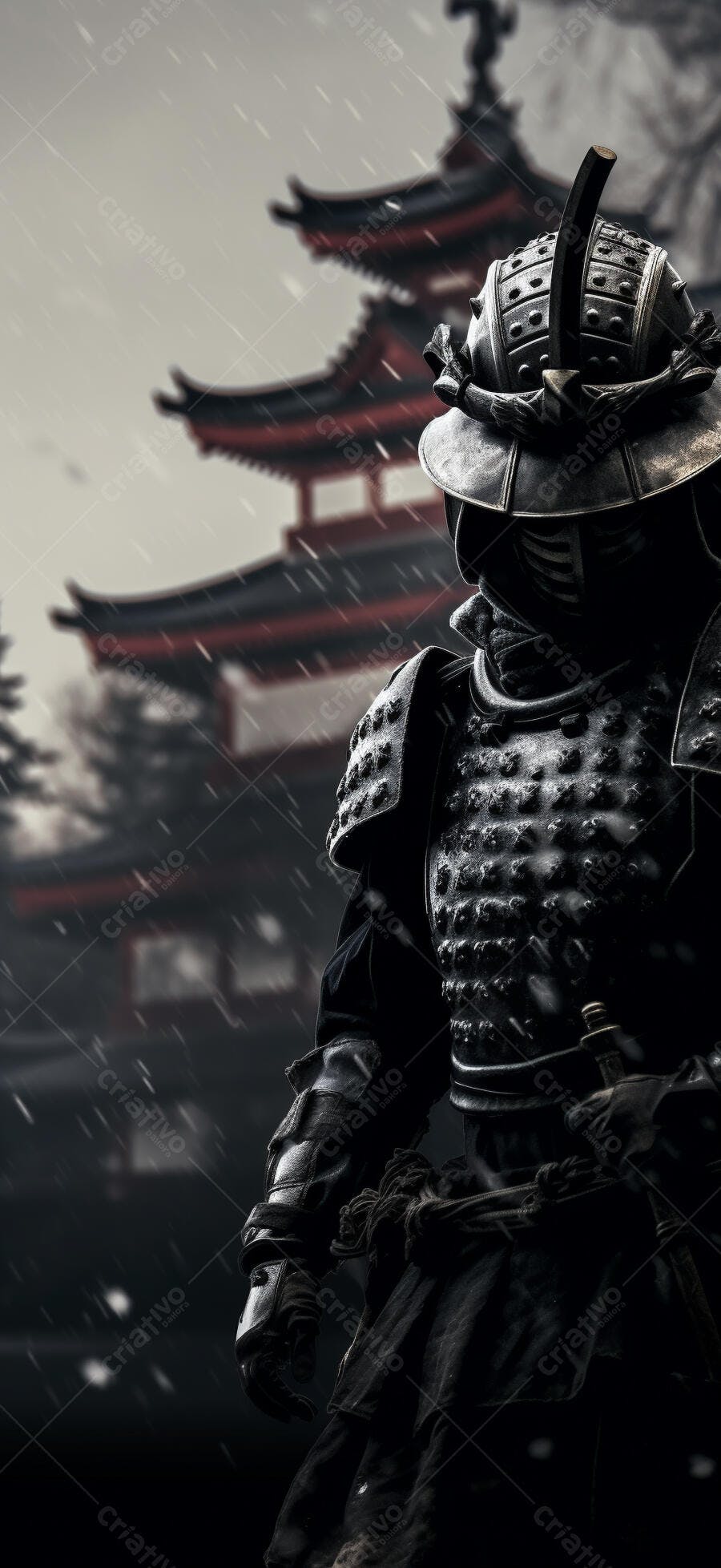 Samurai sob chuva em templo japonês