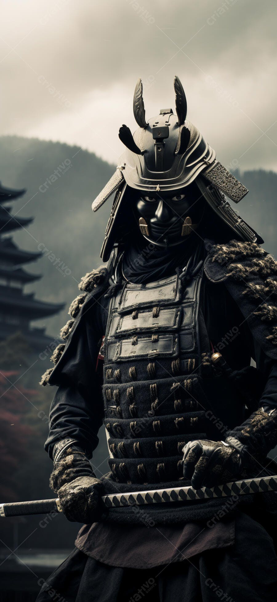 Samurai em armadura negra com Katana