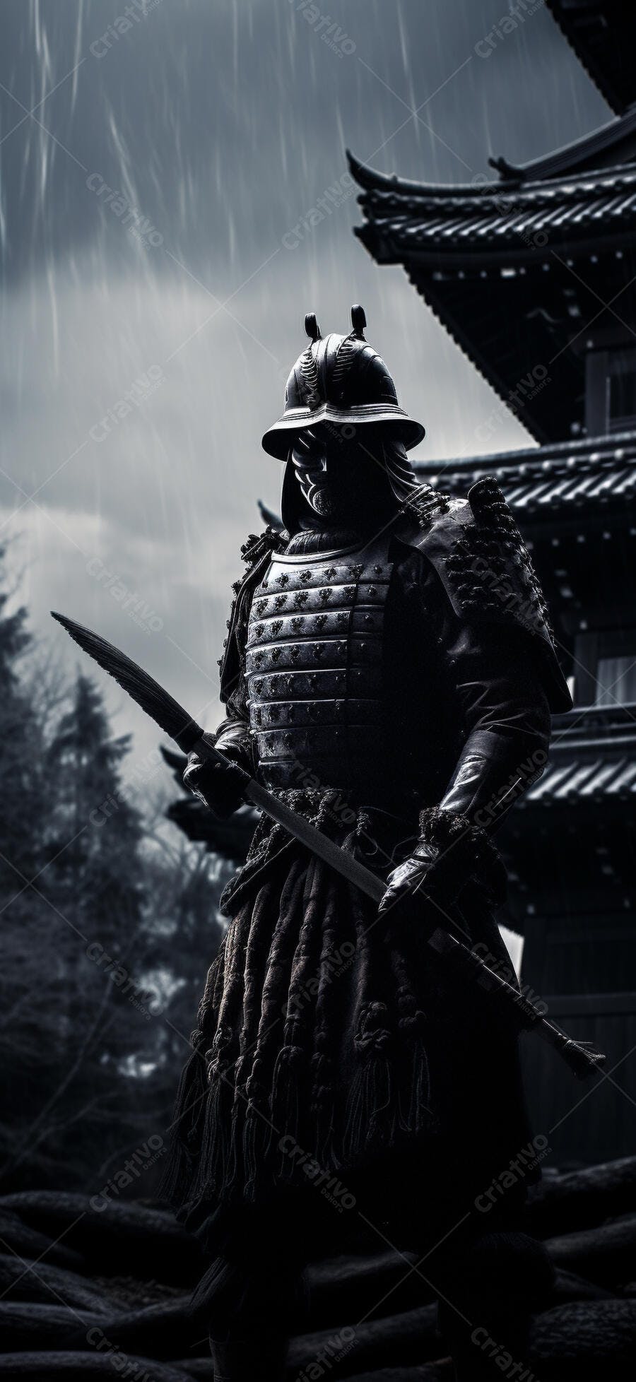 Samurai sob chuva em templo japonês