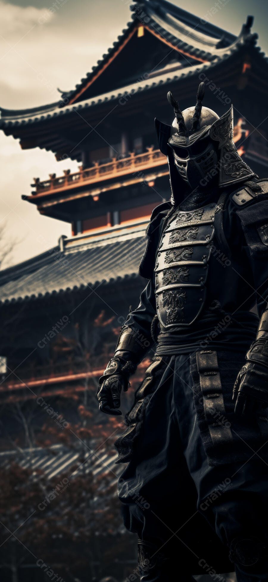 Samurai em armadura negra frente a templo japonês