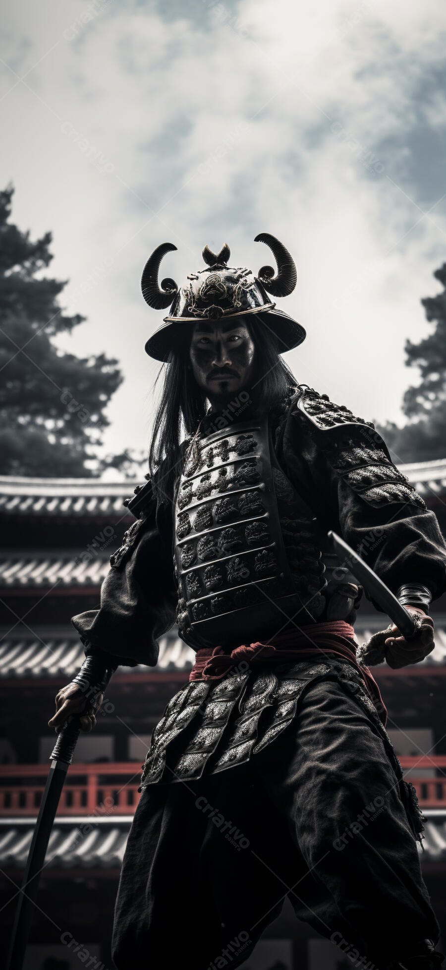 Samurai em armadura negra e capacete com chifres