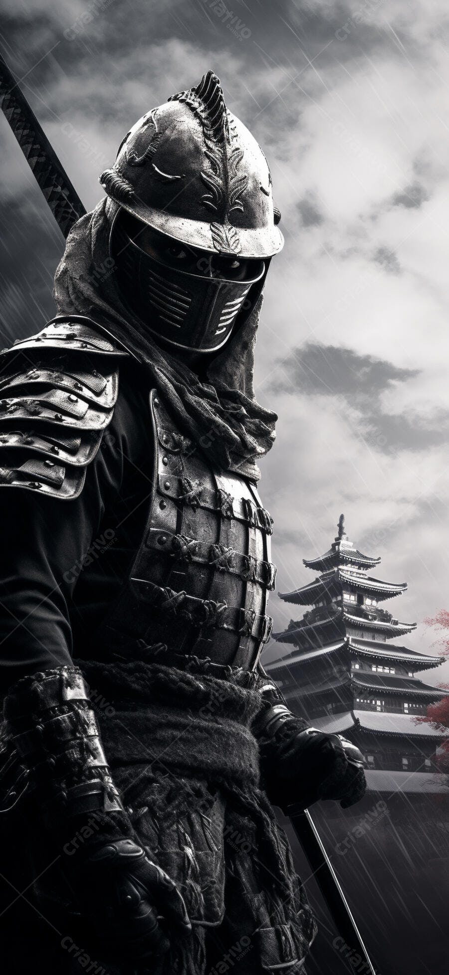 Samurai sob chuva em templo japonês