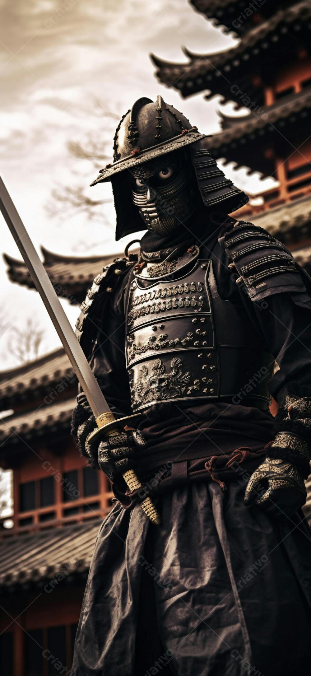 Samurai em postura imponente
