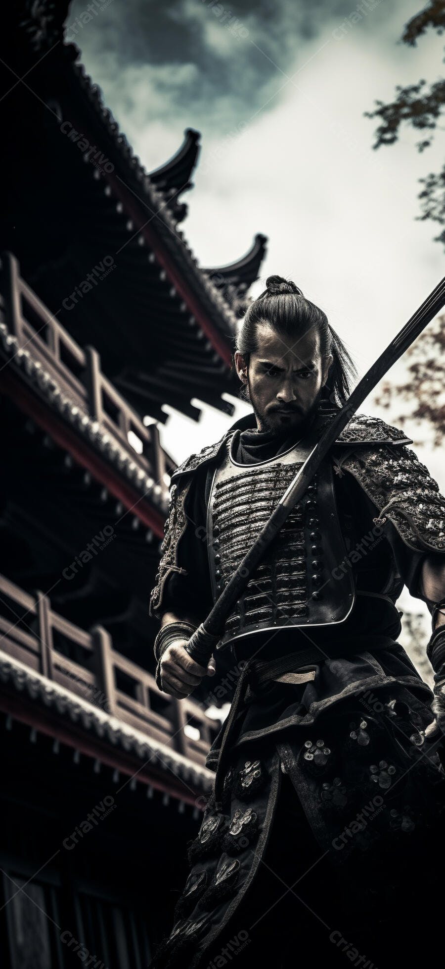 Samurai com armadura escura em templo antigo