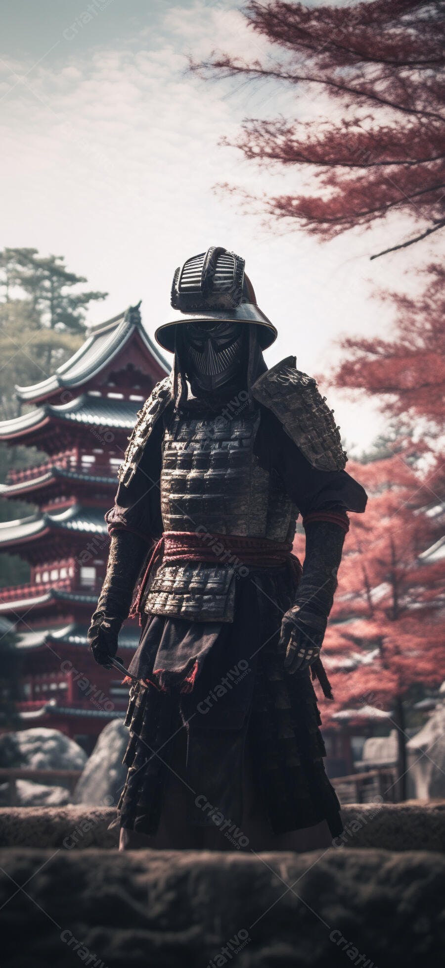 Samurai em armadura escura templo japonês
