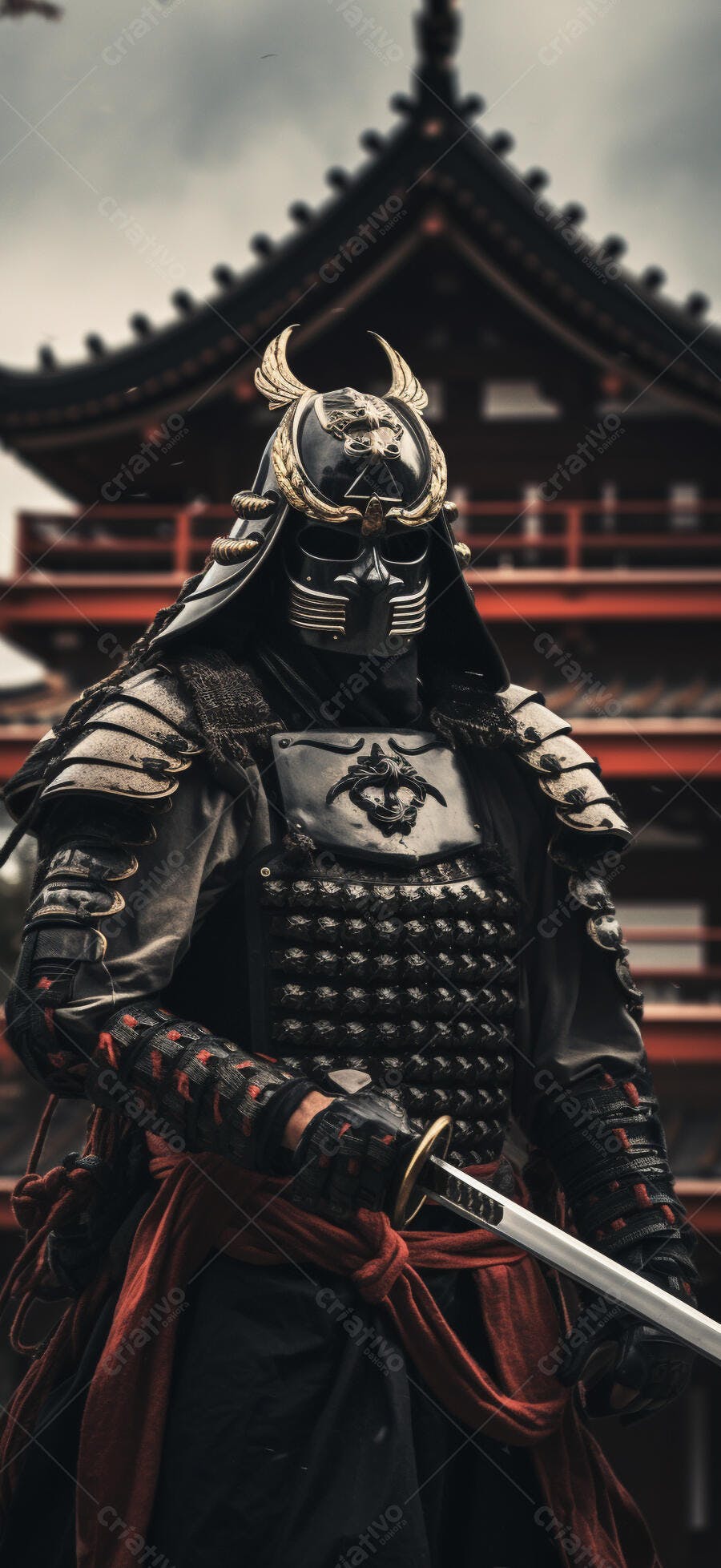 Samurai em armadura negra e dourada