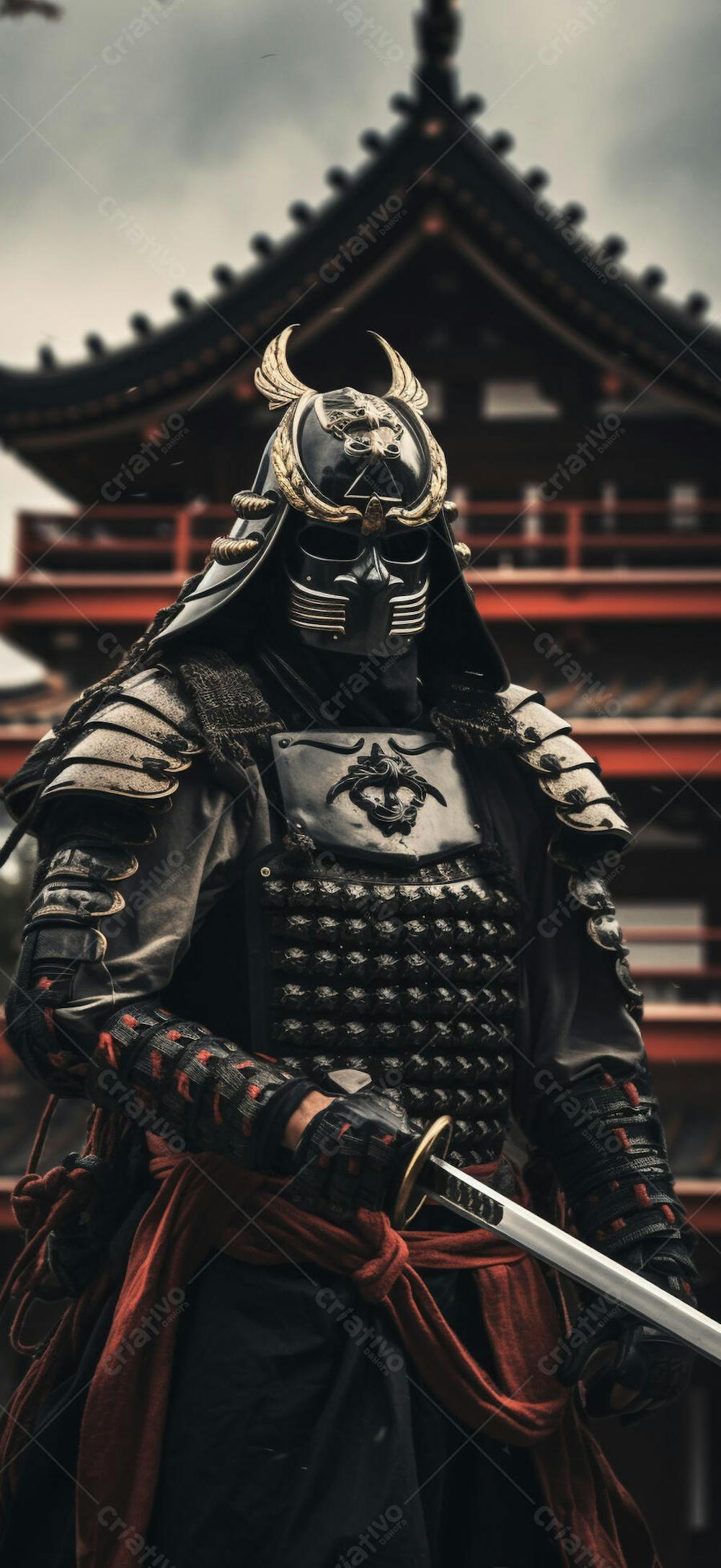 Samurai em postura imponente
