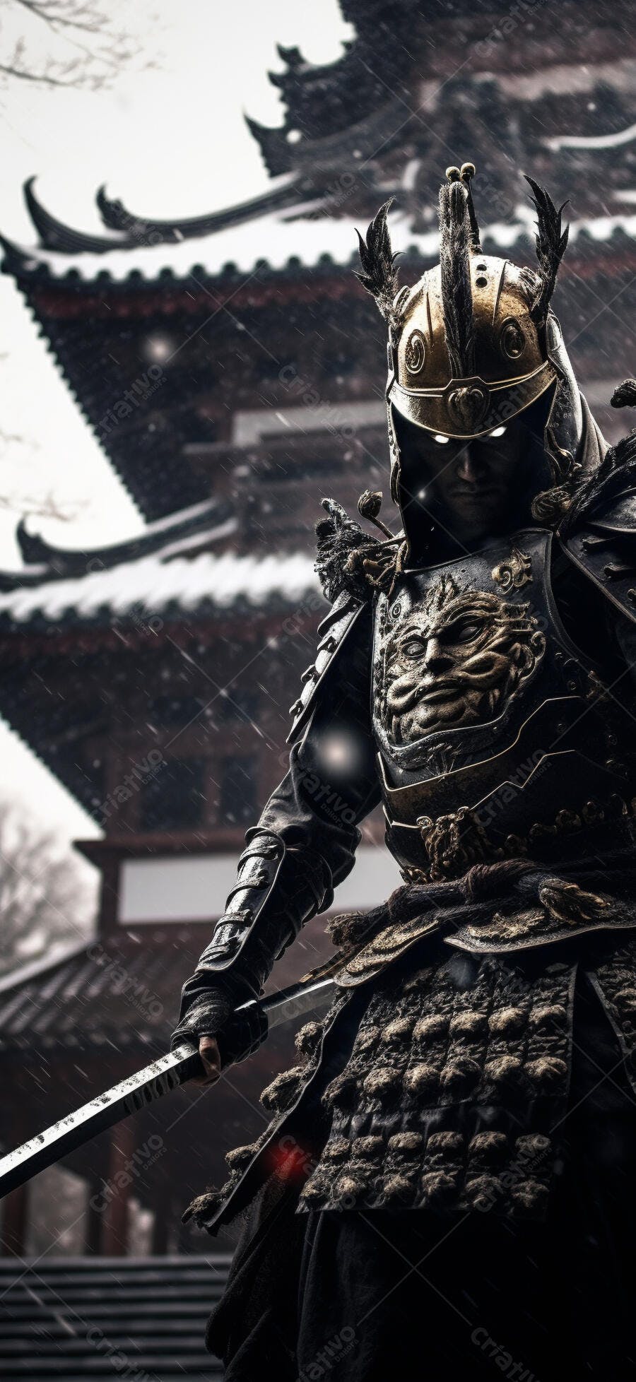 Samurai em armadura sob chuva