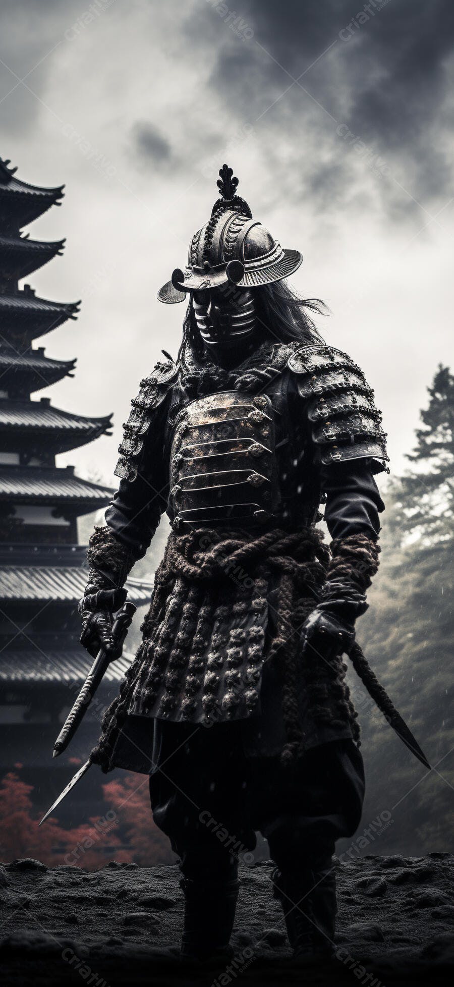 Samurai em armadura escura templo japonês