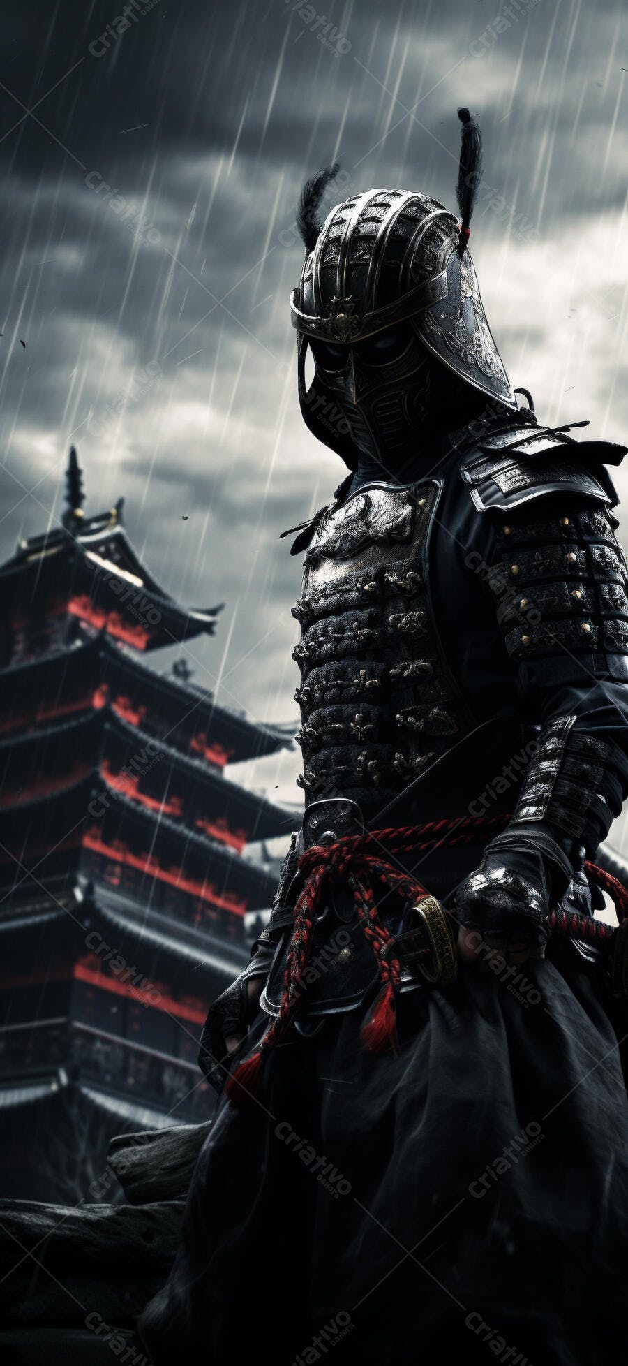 Samurai sob Chuva em Templo Japonês